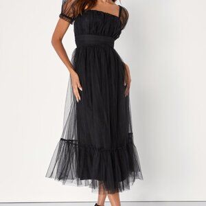 Lulus Flawless Aura Black Tulle Puff Sleeve Ruffled Midi Dress - Size S
